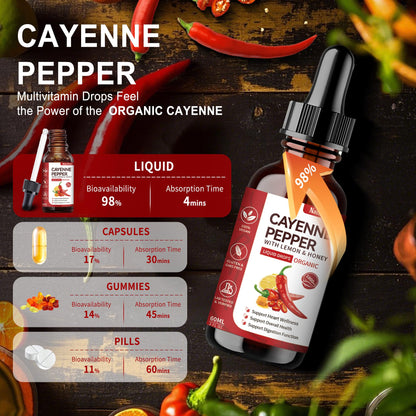 Cayenne Pepper Drops with Lemon & Honey – Vascu Flow with A, C & K2 | Heart Health | Vegan, Gluten-Free, Organic | 60 ml