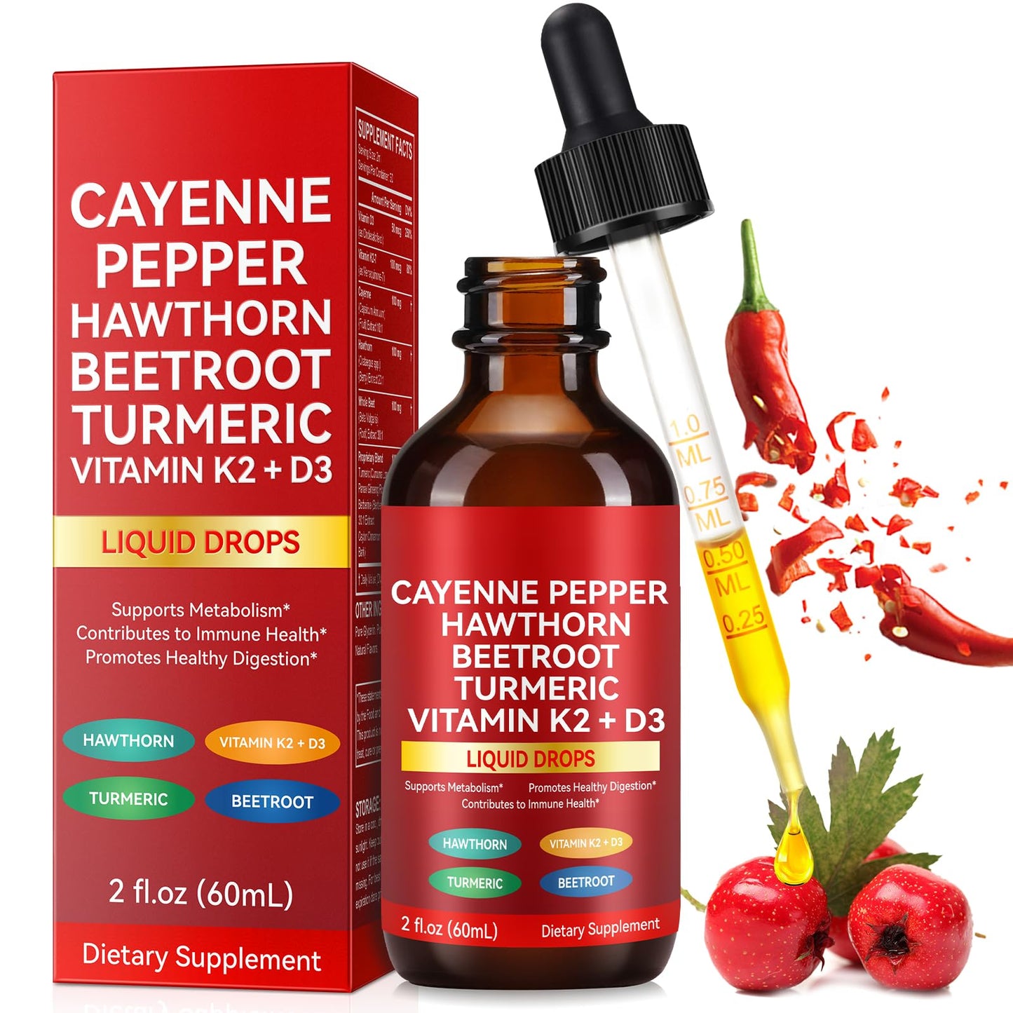 Cayenne Pepper Drops with Hawthorn, Beet Root & Turmeric - Vitamin K2 & D3 Liquid (60ml)