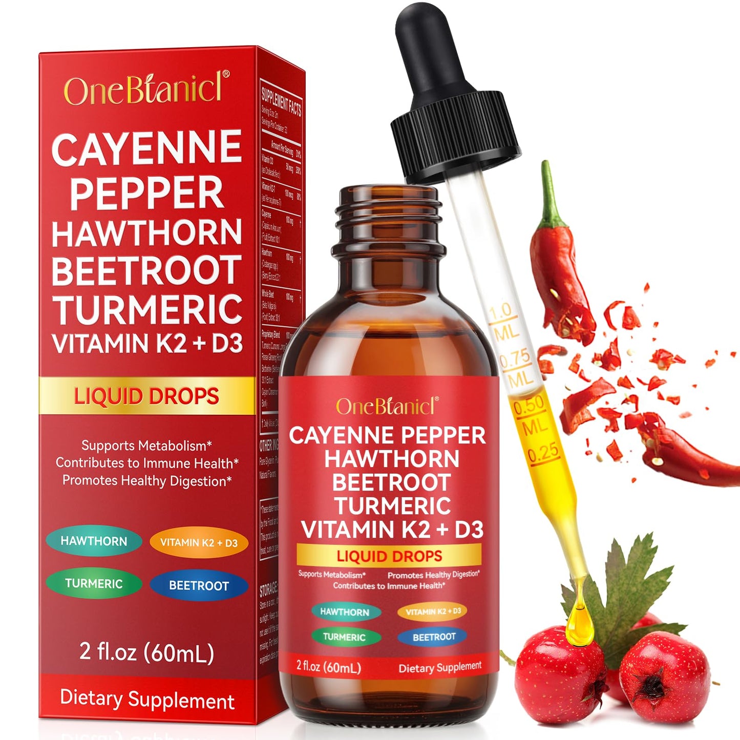 Cayenne Pepper Drops Supplement – Organic Extract with Hawthorn, Beetroot, Vitamin K2 & D3 (2 fl oz)