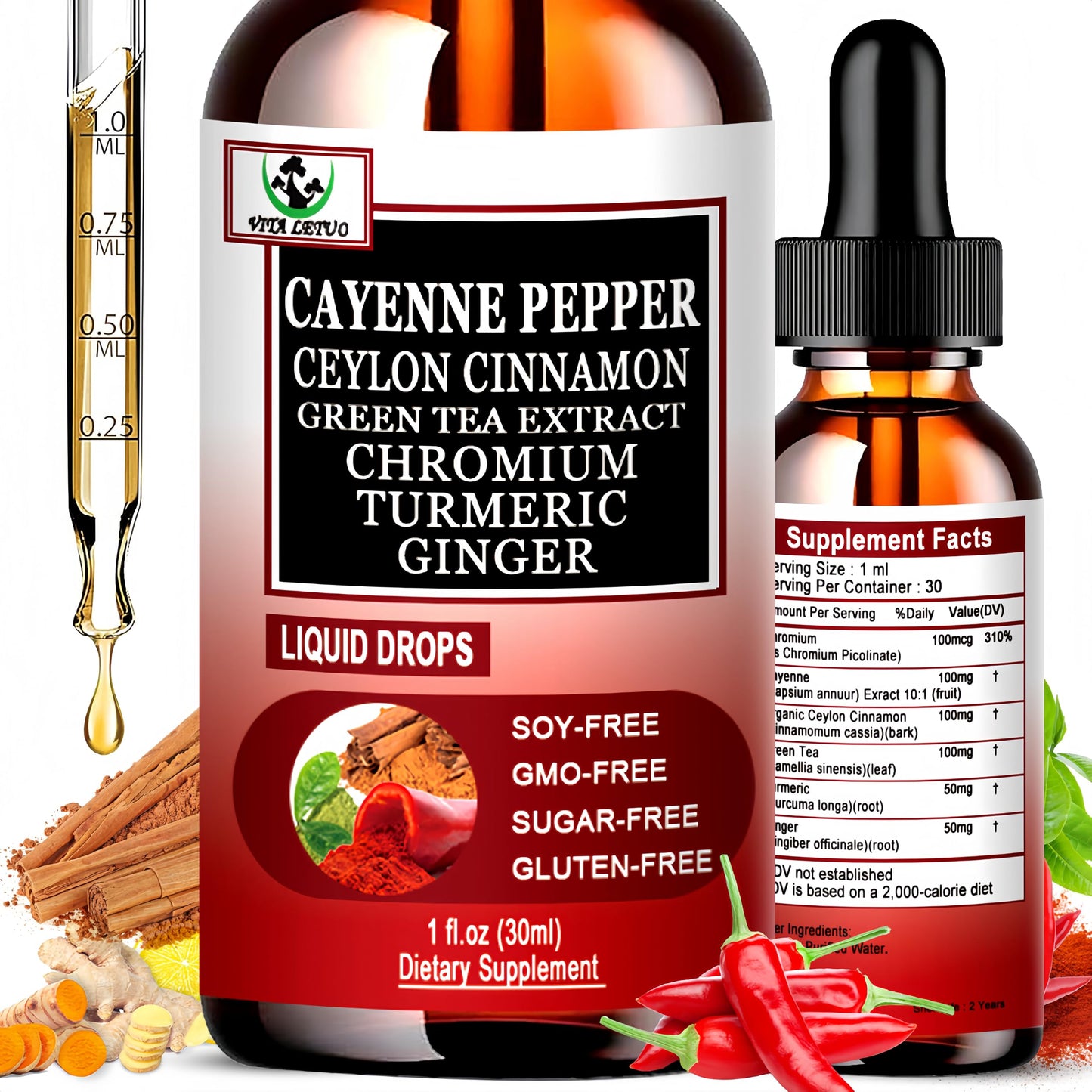 Cayenne Pepper Drops – High-Absorption 6-in-1 Liquid Cayenne Supplement with Ceylon Cinnamon, Green Tea Extract & Turmeric | 30 Servings