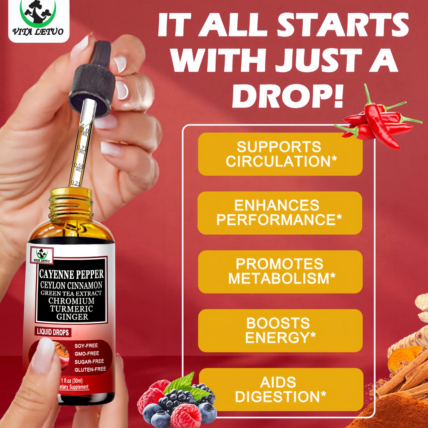 Cayenne Pepper Drops – High-Absorption 6-in-1 Liquid Cayenne Supplement with Ceylon Cinnamon, Green Tea Extract & Turmeric | 30 Servings