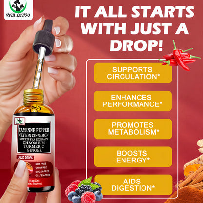 Cayenne Pepper Drops – High-Absorption 6-in-1 Liquid Cayenne Supplement with Ceylon Cinnamon, Green Tea Extract & Turmeric | 30 Servings