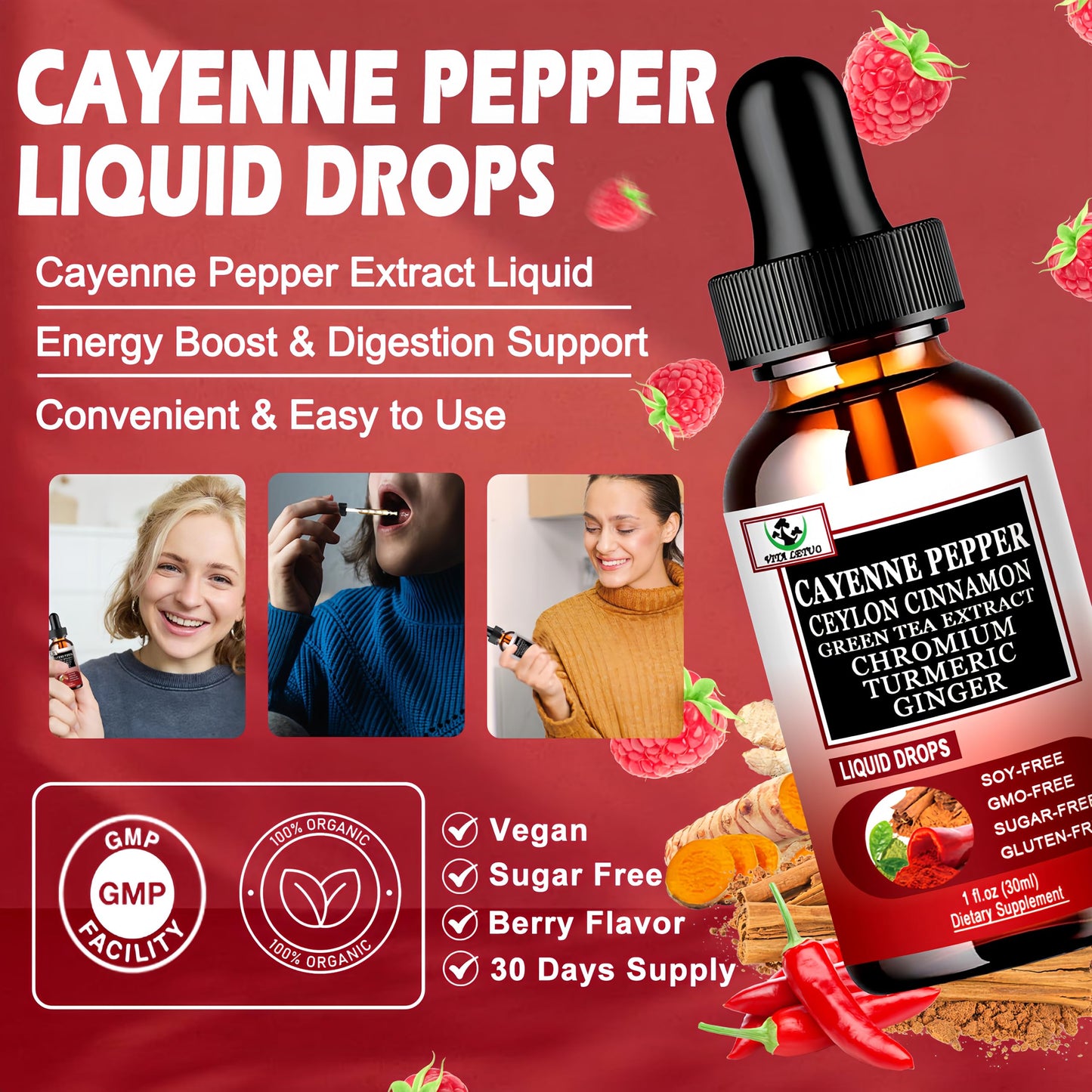 Cayenne Pepper Drops – High-Absorption 6-in-1 Liquid Cayenne Supplement with Ceylon Cinnamon, Green Tea Extract & Turmeric | 30 Servings