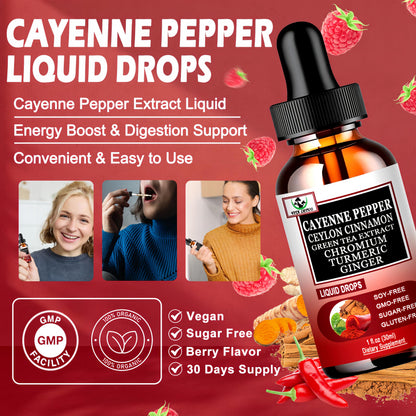 Cayenne Pepper Drops – High-Absorption 6-in-1 Liquid Cayenne Supplement with Ceylon Cinnamon, Green Tea Extract & Turmeric | 30 Servings