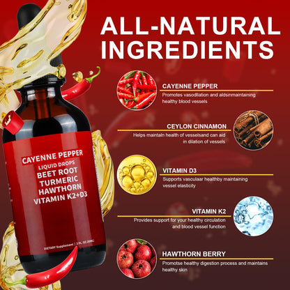 Cayenne Pepper Drops with Hawthorn, Beetroot, Turmeric & Vitamin K2 D3 – 60ml | Vegan-Friendly