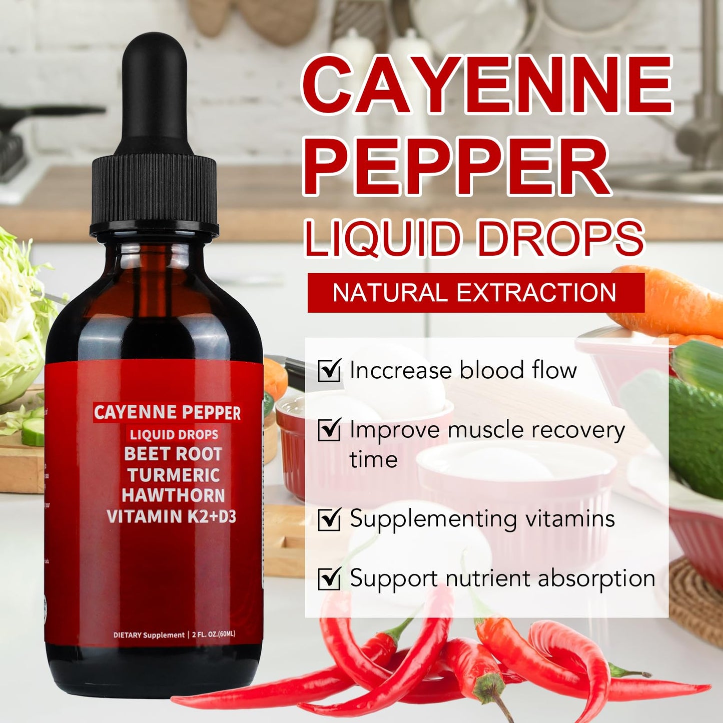 Cayenne Pepper Drops with Hawthorn, Beetroot, Turmeric & Vitamin K2 D3 – 60ml | Vegan-Friendly