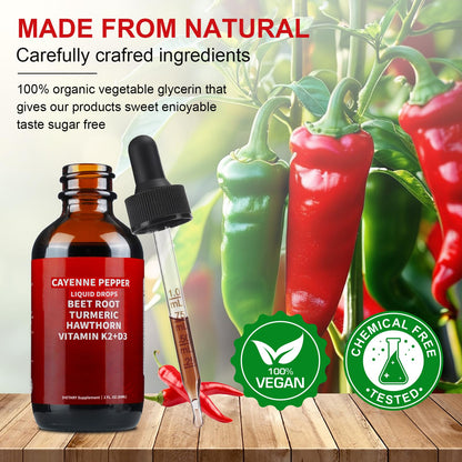 Cayenne Pepper Drops with Hawthorn, Beetroot, Turmeric & Vitamin K2 D3 – 60ml | Vegan-Friendly