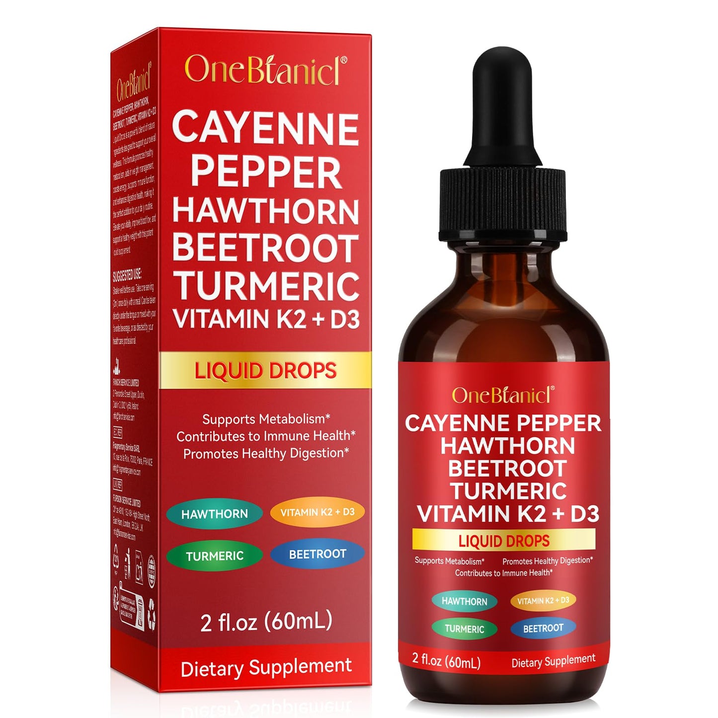 Cayenne Pepper Drops with Hawthorn Berry, Vitamin K2 D3, Beetroot & Turmeric | Vegan Health Supplement 60ml