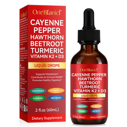 Cayenne Pepper Drops with Hawthorn Berry, Vitamin K2 D3, Beetroot & Turmeric | Vegan Health Supplement 60ml
