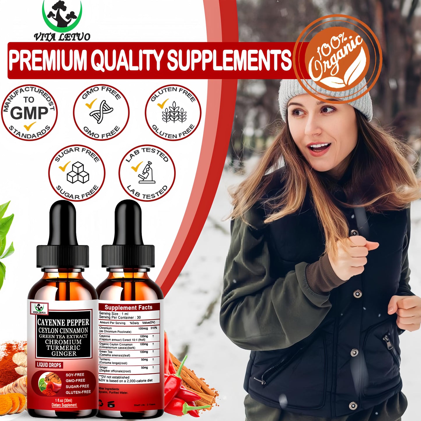 Cayenne Pepper Drops – High-Absorption 6-in-1 Liquid Cayenne Supplement with Ceylon Cinnamon, Green Tea Extract & Turmeric | 30 Servings