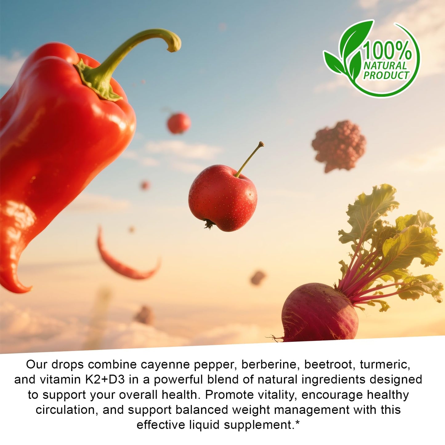 Cayenne Pepper Drops Supplement – Organic Extract with Hawthorn, Beetroot, Vitamin K2 & D3 (2 fl oz)