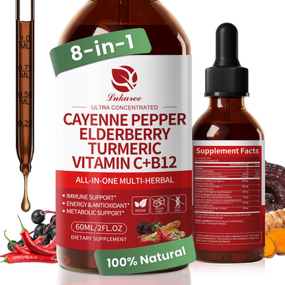 Cayenne Pepper Drops 8-in-1 Complex | Berry Flavor, 2 oz – Elderberry, Turmeric, Ginseng, Vitamin C & B12