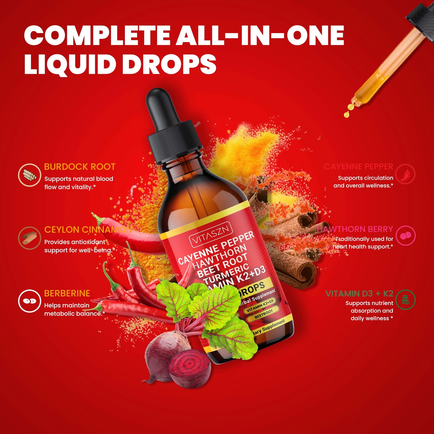 Cayenne Pepper Drops - Liquid Supplement with Hawthorn, D3+K2, Beet Root, Turmeric, Cinnamon, Ginseng & Berberine (2oz/60ml) Vegan