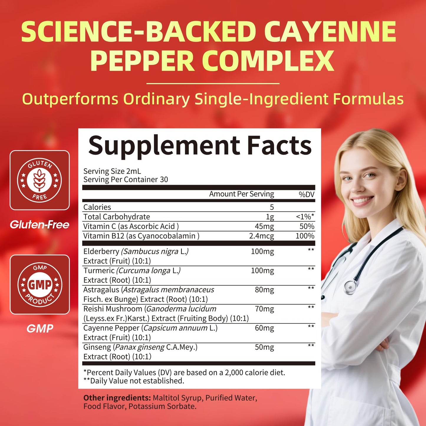 Cayenne Pepper Drops 8-in-1 Complex | Berry Flavor, 2 oz – Elderberry, Turmeric, Ginseng, Vitamin C & B12