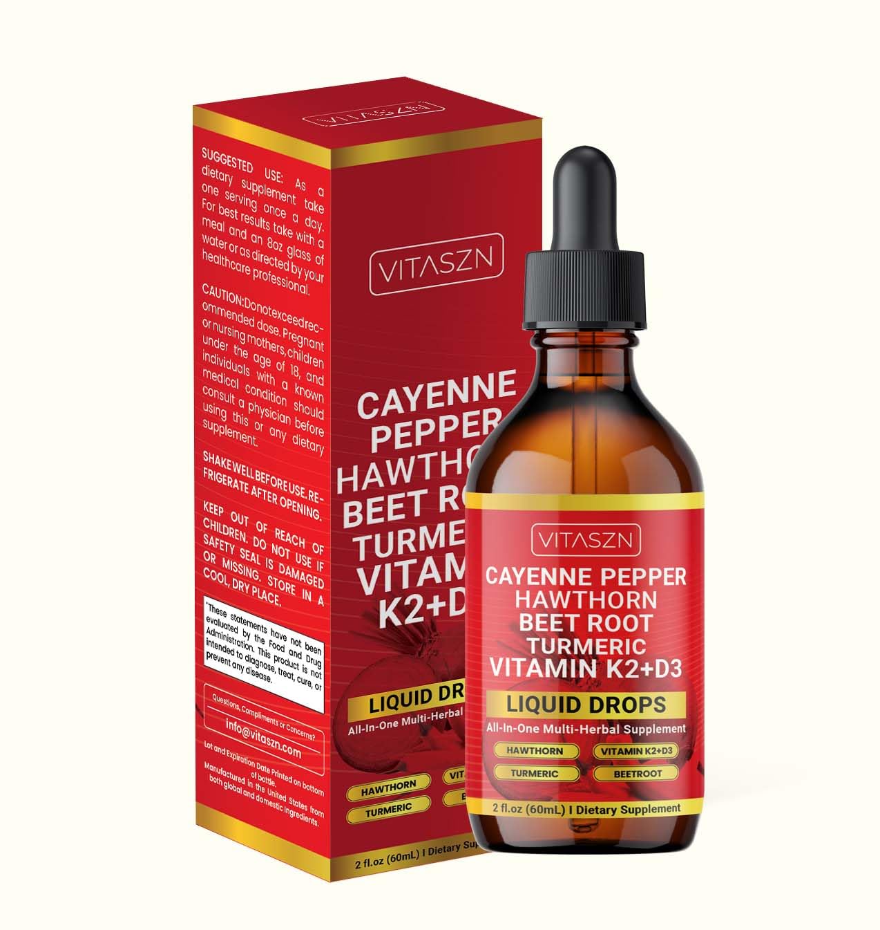 Cayenne Pepper Drops - Liquid Supplement with Hawthorn, D3+K2, Beet Root, Turmeric, Cinnamon, Ginseng & Berberine (2oz/60ml) Vegan