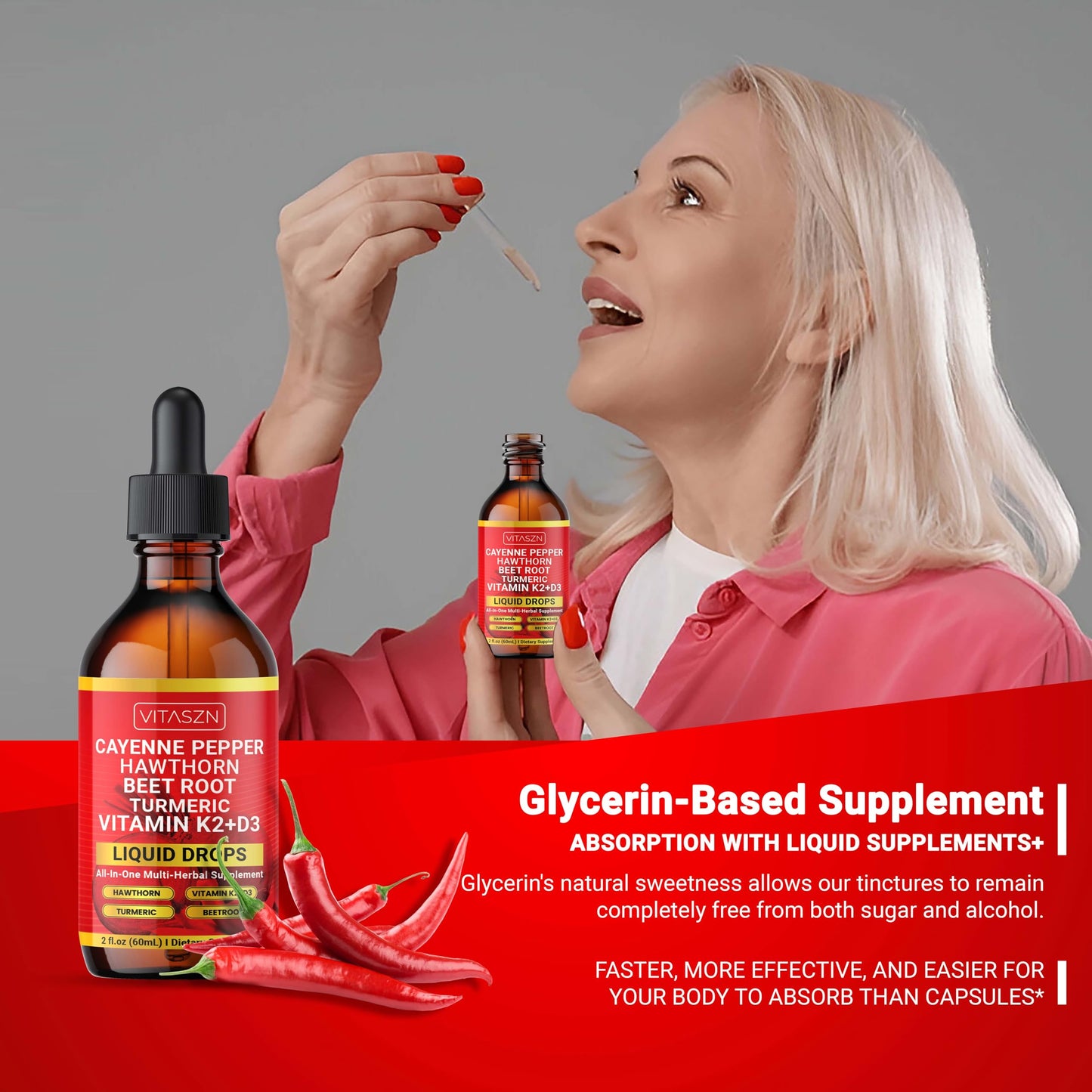 Cayenne Pepper Drops - Liquid Supplement with Hawthorn, D3+K2, Beet Root, Turmeric, Cinnamon, Ginseng & Berberine (2oz/60ml) Vegan