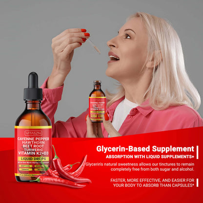 Cayenne Pepper Drops - Liquid Supplement with Hawthorn, D3+K2, Beet Root, Turmeric, Cinnamon, Ginseng & Berberine (2oz/60ml) Vegan