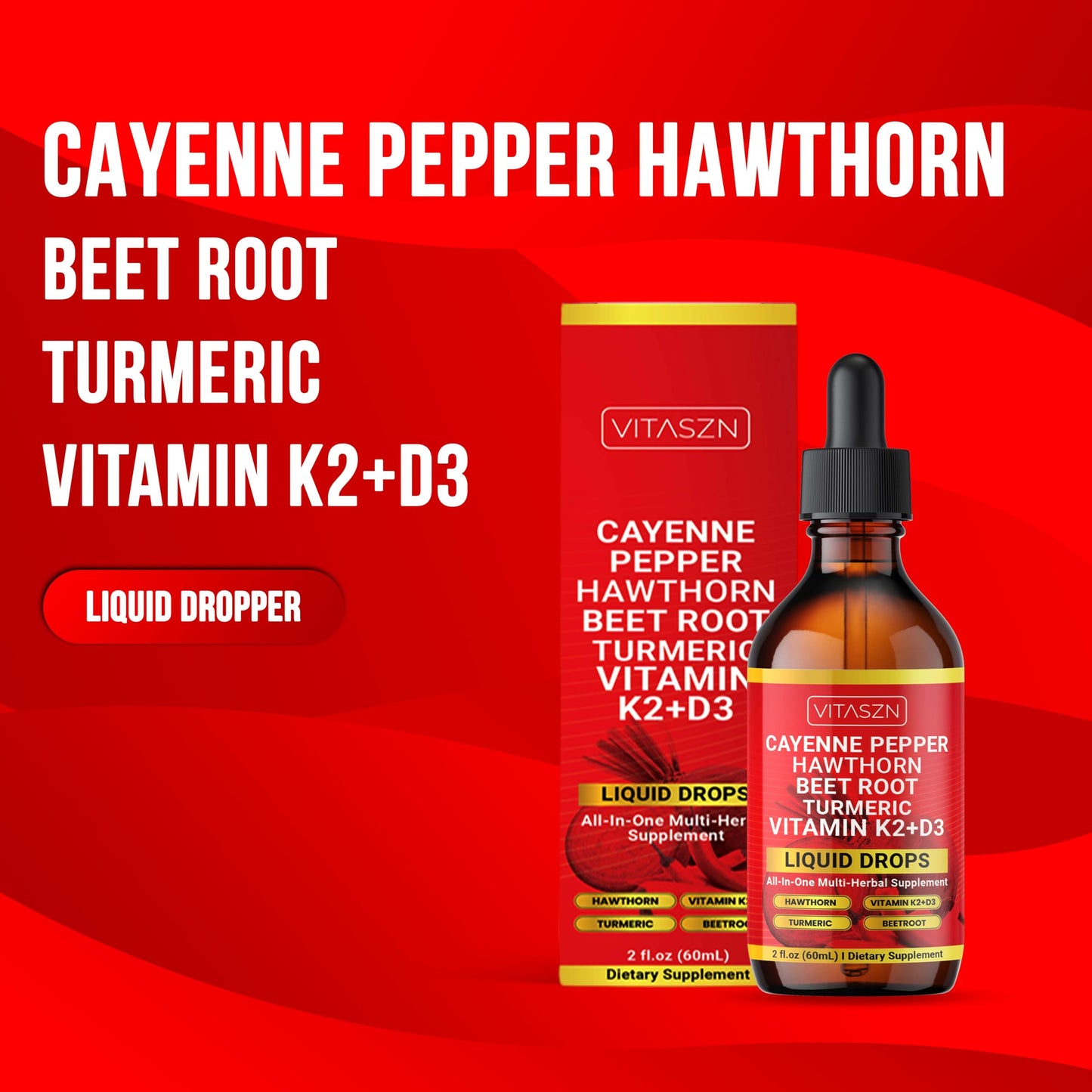 Cayenne Pepper Drops - Liquid Supplement with Hawthorn, D3+K2, Beet Root, Turmeric, Cinnamon, Ginseng & Berberine (2oz/60ml) Vegan