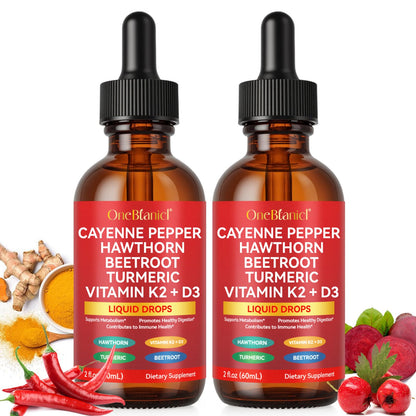 Cayenne Pepper Drops Liquid Supplement with Organic Extract, Hawthorn Berry, Beet Root Powder, Vitamin K2 & D3, Ceylon Cinnamon