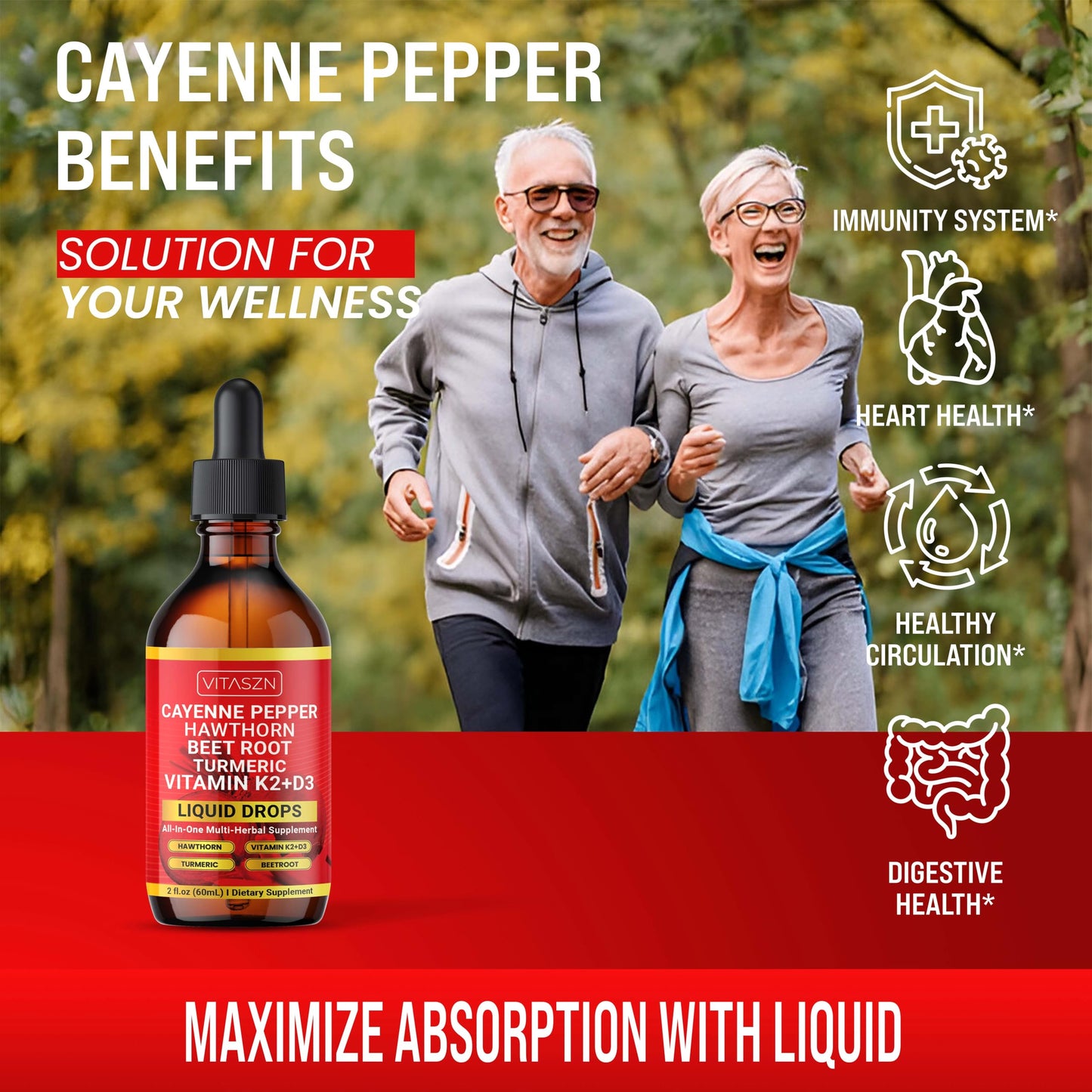 Cayenne Pepper Drops - Liquid Supplement with Hawthorn, D3+K2, Beet Root, Turmeric, Cinnamon, Ginseng & Berberine (2oz/60ml) Vegan