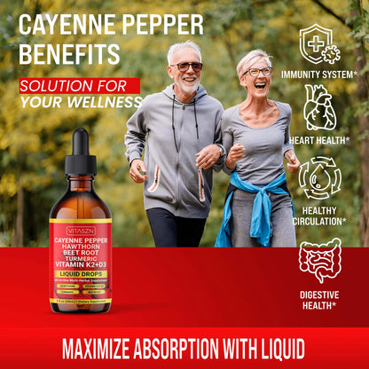 Cayenne Pepper Drops - Liquid Supplement with Hawthorn, D3+K2, Beet Root, Turmeric, Cinnamon, Ginseng & Berberine (2oz/60ml) Vegan