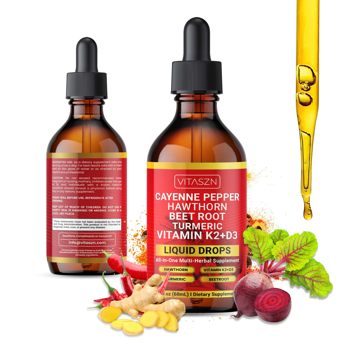 Cayenne Pepper Drops - Liquid Supplement with Hawthorn, D3+K2, Beet Root, Turmeric, Cinnamon, Ginseng & Berberine (2oz/60ml) Vegan