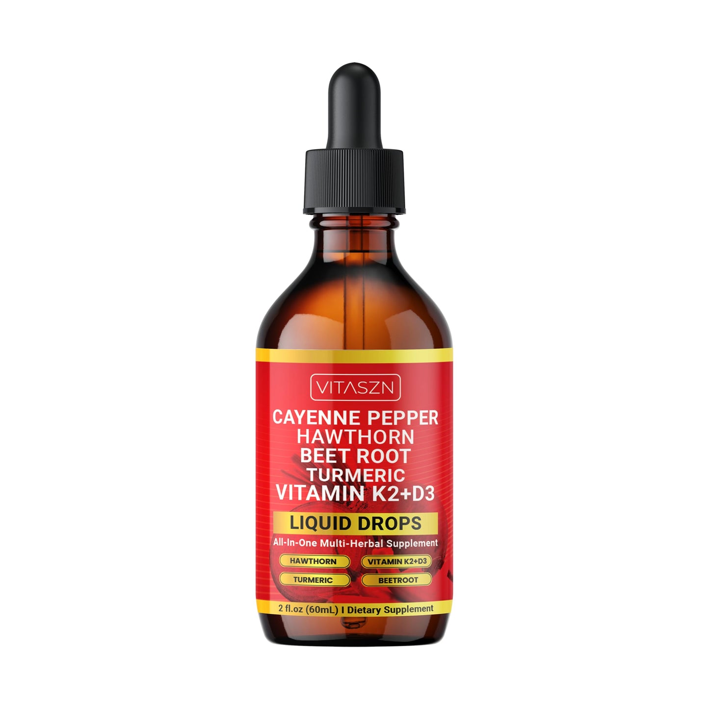 Cayenne Pepper Drops - Liquid Supplement with Hawthorn, D3+K2, Beet Root, Turmeric, Cinnamon, Ginseng & Berberine (2oz/60ml) Vegan