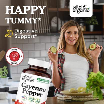 Wild & Organic Cayenne Pepper Capsules 500 mg - Digestive Support (Vegan, Non-GMO)