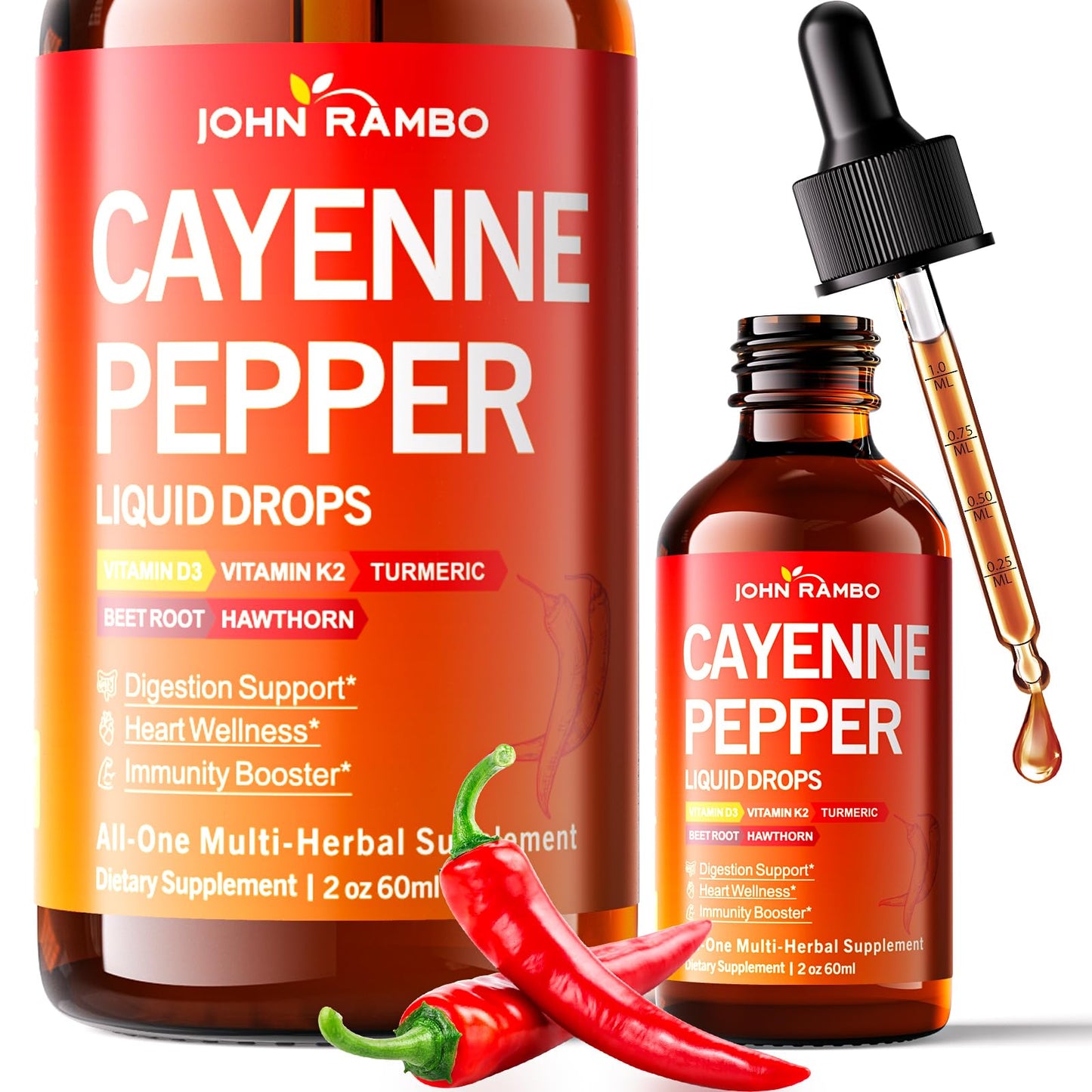 Cayenne Pepper Liquid Drops with Hawthorn, Beetroot, Turmeric, Vitamin K2 & D3 – Immune & Circulation Support (Gluten Free, 2 Fl Oz)