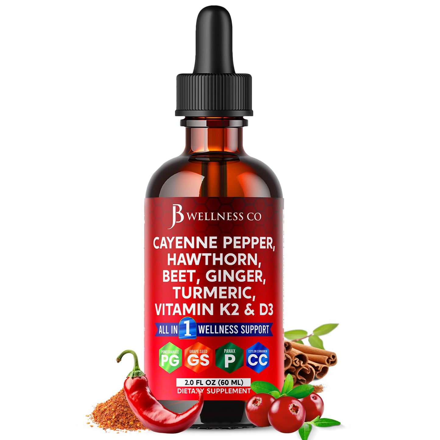 Cayenne Pepper Liquid Drops with Hawthorn Berry & Vitamin D3 K2 - 2oz
