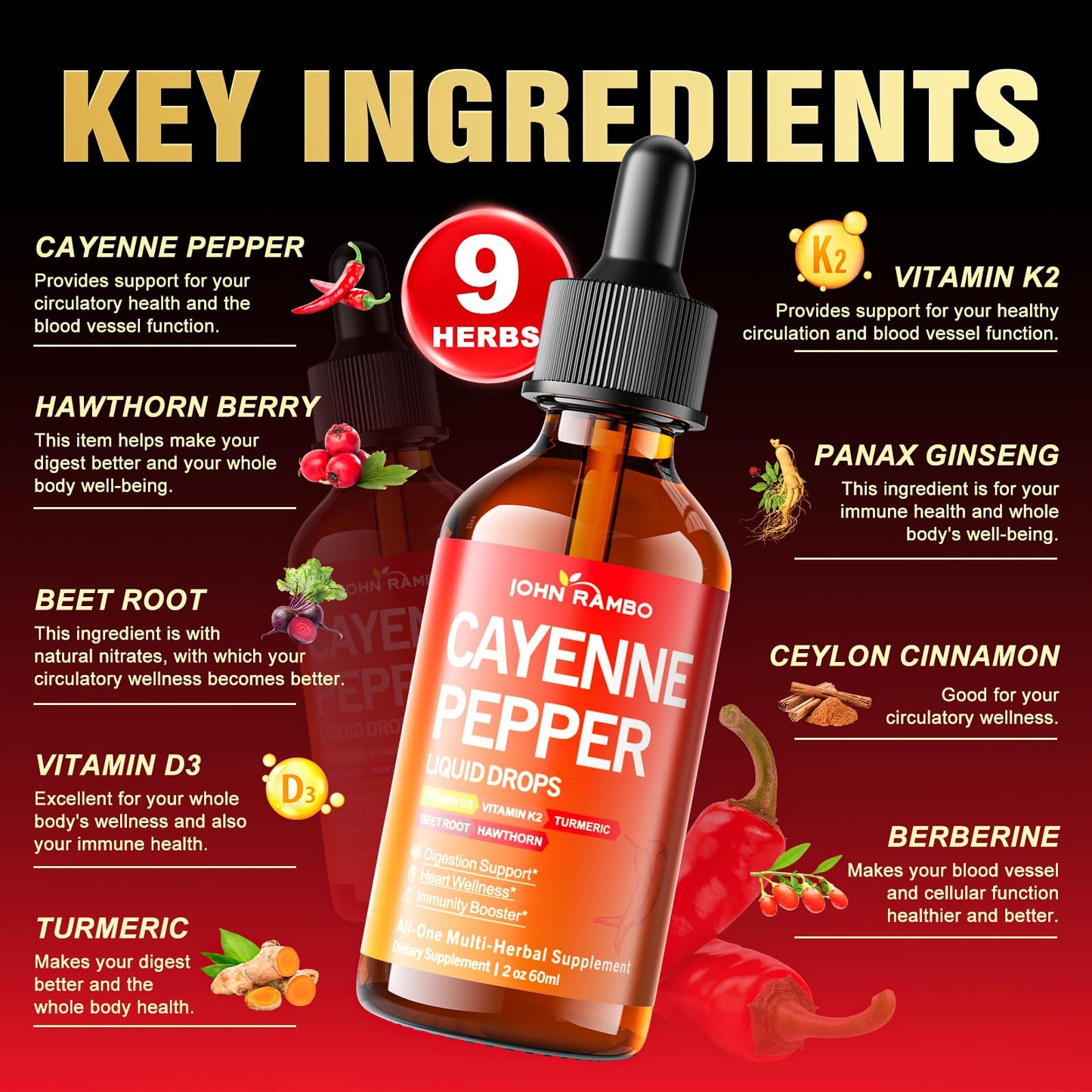 Cayenne Pepper Liquid Drops with Hawthorn, Beetroot, Turmeric, Vitamin K2 & D3 – Immune & Circulation Support (Gluten Free, 2 Fl Oz)