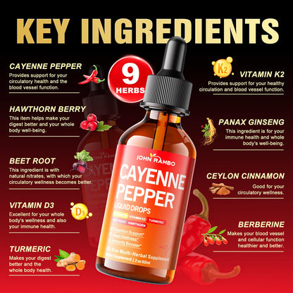 Cayenne Pepper Liquid Drops with Hawthorn, Beetroot, Turmeric, Vitamin K2 & D3 – Immune & Circulation Support (Gluten Free, 2 Fl Oz)