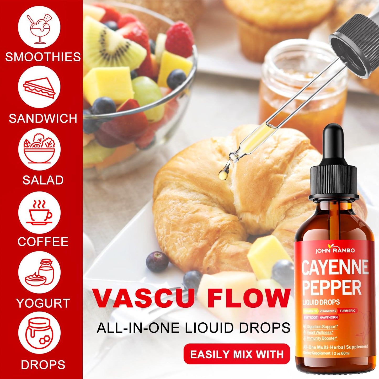 Cayenne Pepper Liquid Drops with Hawthorn, Beetroot, Turmeric, Vitamin K2 & D3 – Immune & Circulation Support (Gluten Free, 2 Fl Oz)