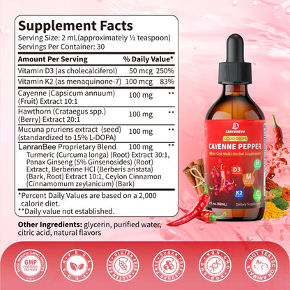 Cayenne Pepper Liquid Drops with Hawthorn & Vitamin D3 K2 – 2 fl oz | Vegan, Non-GMO