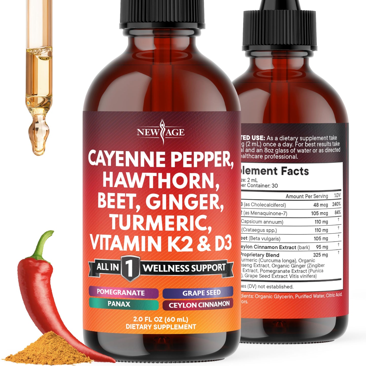 Cayenne Pepper Liquid Drops with Hawthorn Berry, D3 K2, Beet Root Powder, Cinnamon, Turmeric & Ginseng - 2oz