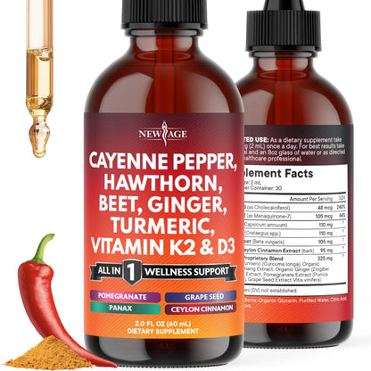 Cayenne Pepper Liquid Drops with Hawthorn Berry, D3 K2, Beet Root Powder, Cinnamon, Turmeric & Ginseng - 2oz