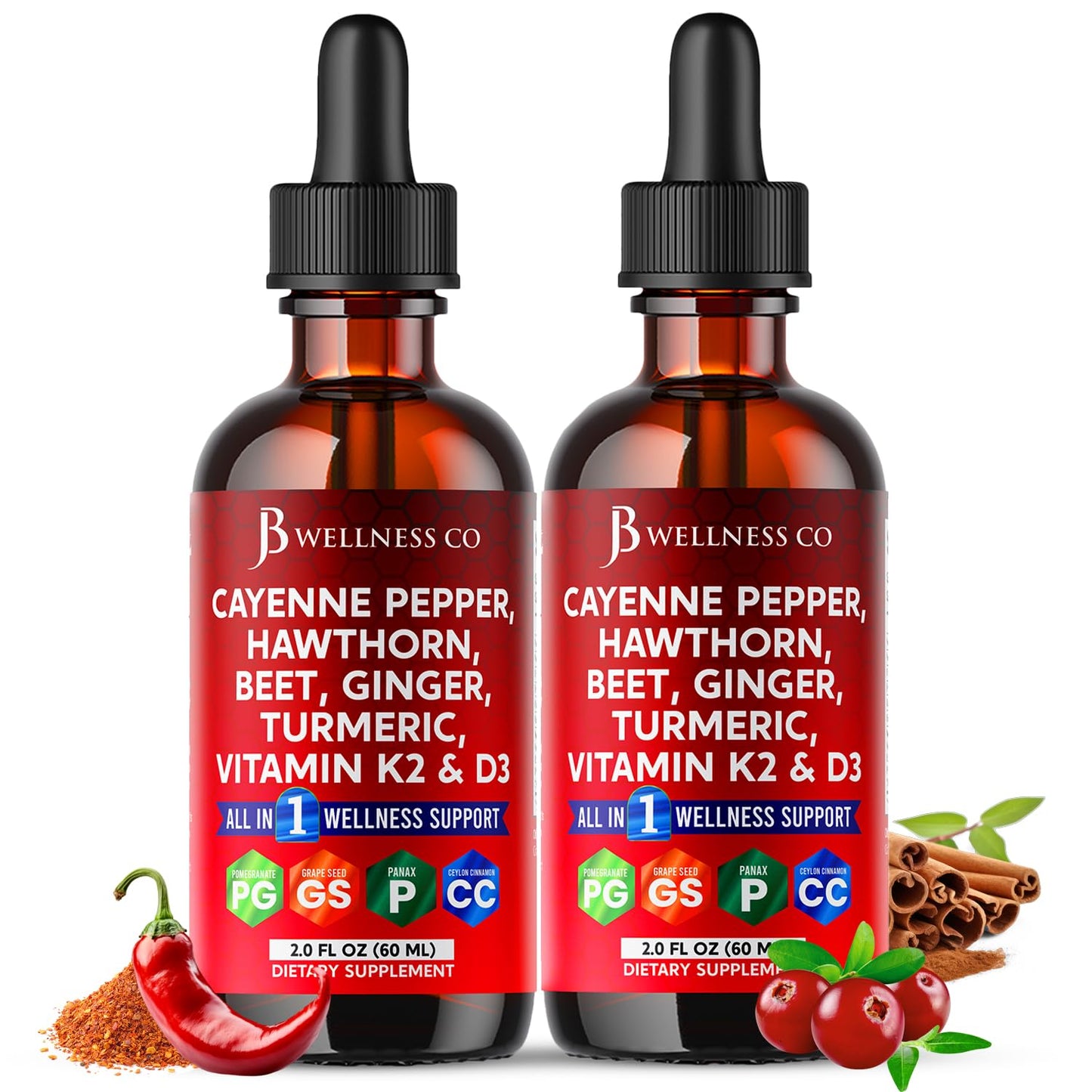 Cayenne Pepper Liquid Drops with Hawthorn Berry, D3 K2, Turmeric & Panax Ginseng — 4oz
