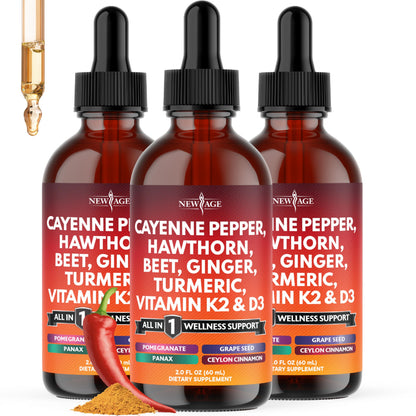Cayenne Pepper Liquid Drops with Hawthorn Berry, Vitamin D3 K2 – 6oz