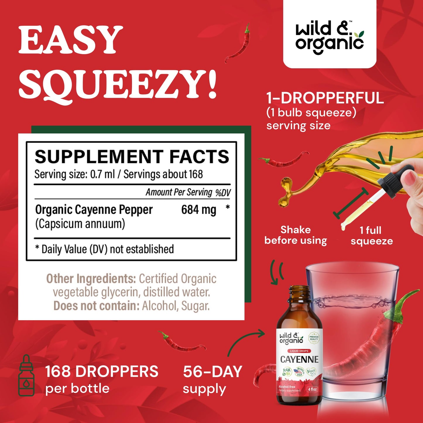 Wild & Organic Cayenne Pepper Tincture - Digestive Support, Vegan & Alcohol-Free - 4 fl oz