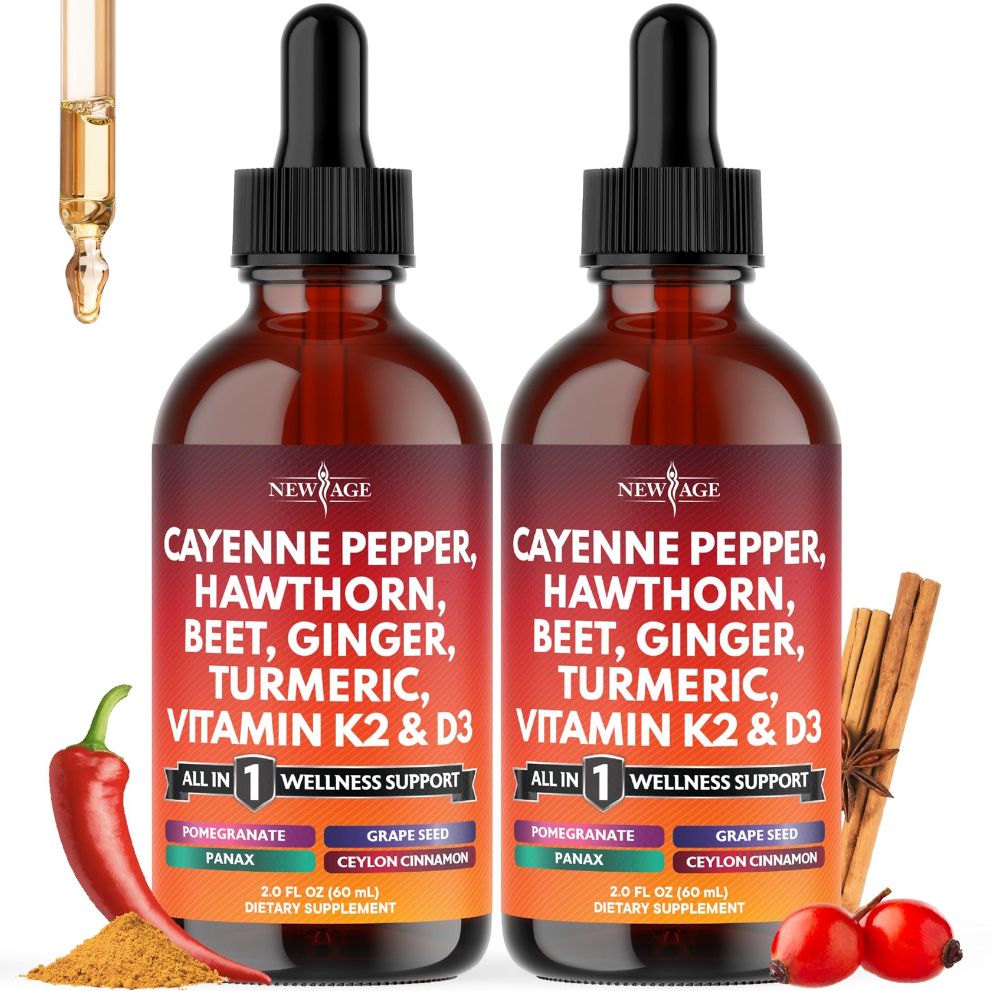 Cayenne Pepper Liquid Drops with Hawthorn Berry, D3 K2 - 4oz