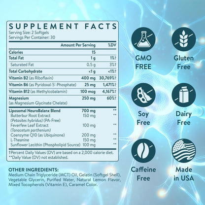C Calthorvitana Migraine Relief – Liposomal Riboflavin, B Vitamins, Magnesium, CoQ10