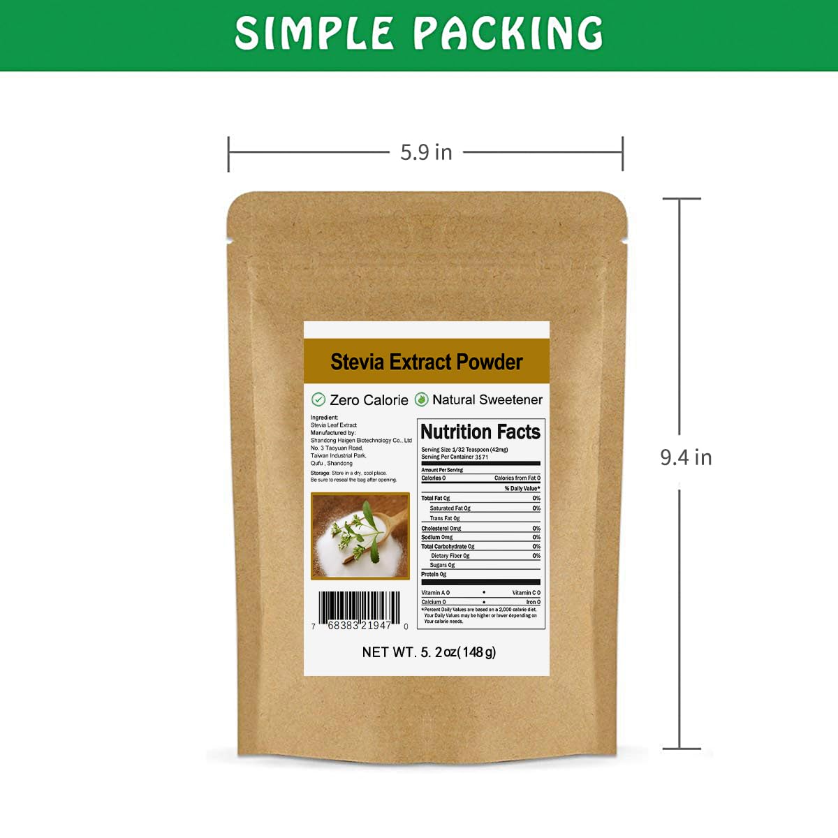 CCnature Pure Stevia Extract Powder 148g (5.2oz) - Zero Calorie, No Erythritol