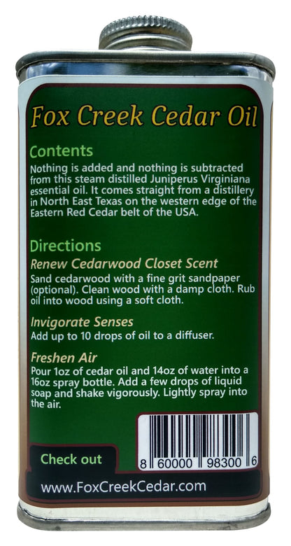8oz Cedar Oil Can - Essential Eastern Red Cedar Wood Oil (Juniperus virginiana) - Fox Creek Cedar Oil