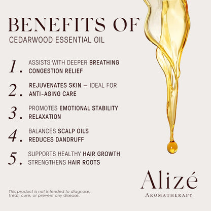 Alizé Aromatherapy Cedarwood Essential Oil – USDA Organic, 100% Natural & Pure (10ml/0.33 fl oz) for Diffusers, Tranquility