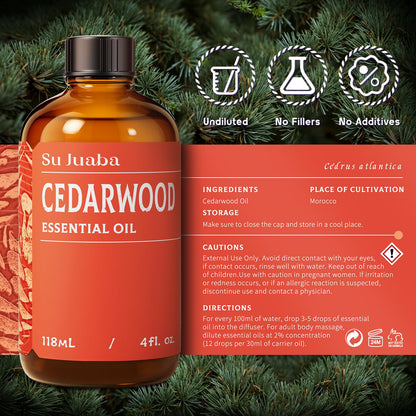 SU JUABA Cedarwood Essential Oil 4 oz | 100% Pure Natural Aromatherapy for Hair, Massage, Relaxation & Skin Care – 118 ml