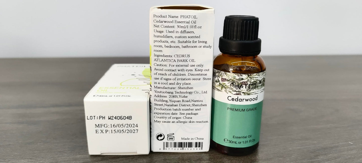 Cedarwood Essential Oil 30ml | PHATOIL Pure Essential Oil Singles for Aromatherapy, Diffusers & DIY Crafts