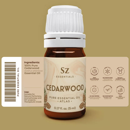 Sz Essentials - Cedarwood Essential Oil (Cedrus atlantica) – Therapeutic Grade, 100% Pure & Natural, 5ml (0.17 fl oz)