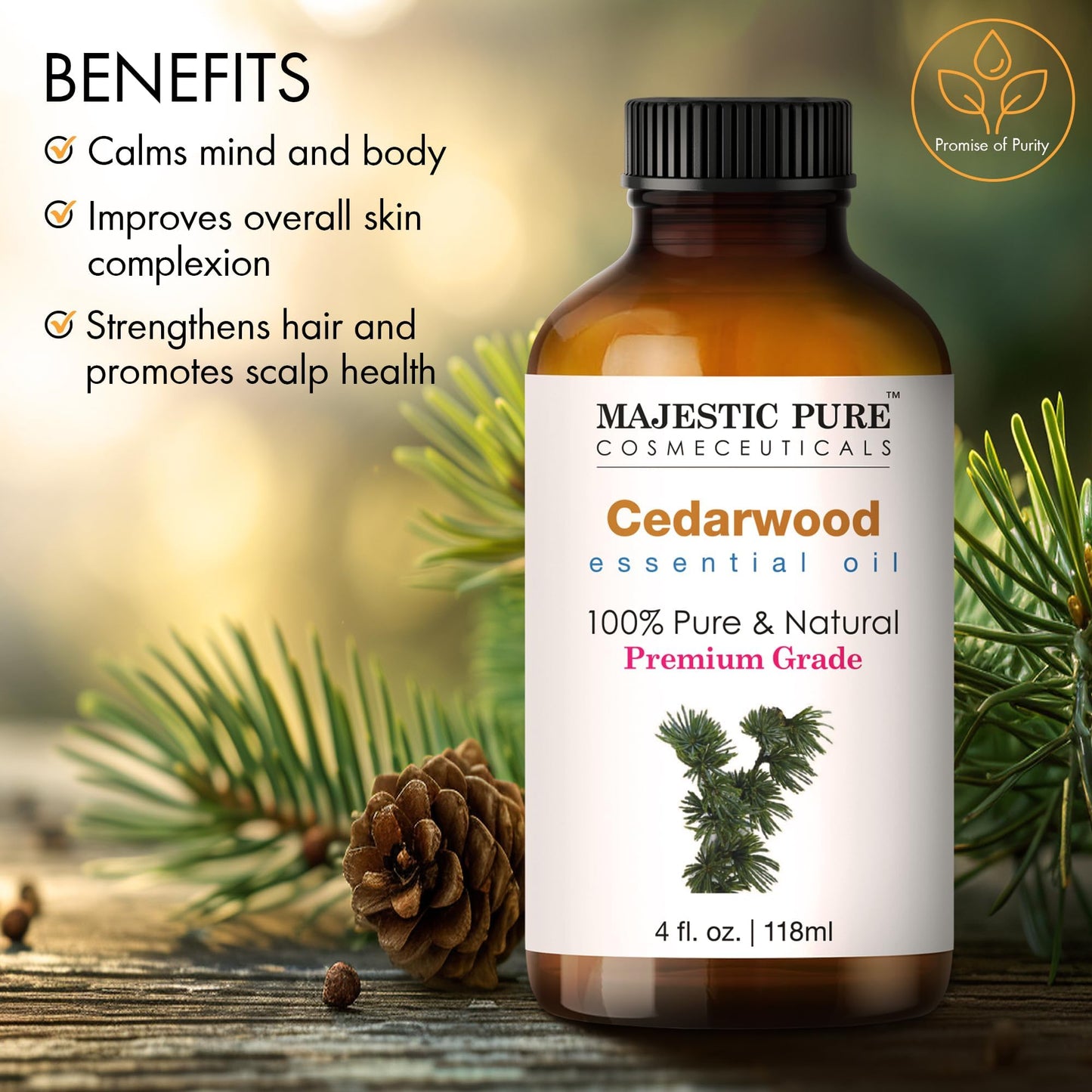 Majestic Pure Cedarwood Essential Oil with Glass Dropper – 100% Pure & Natural – 4 Fl Oz