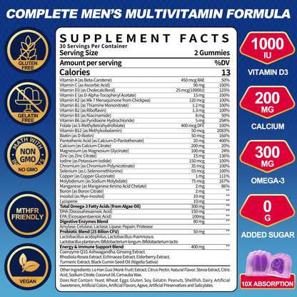 Ceecisee Men's Methylated Multivitamin Gummies – Daily Men's Vitamin with Omega-3, Probiotics (60 Count)