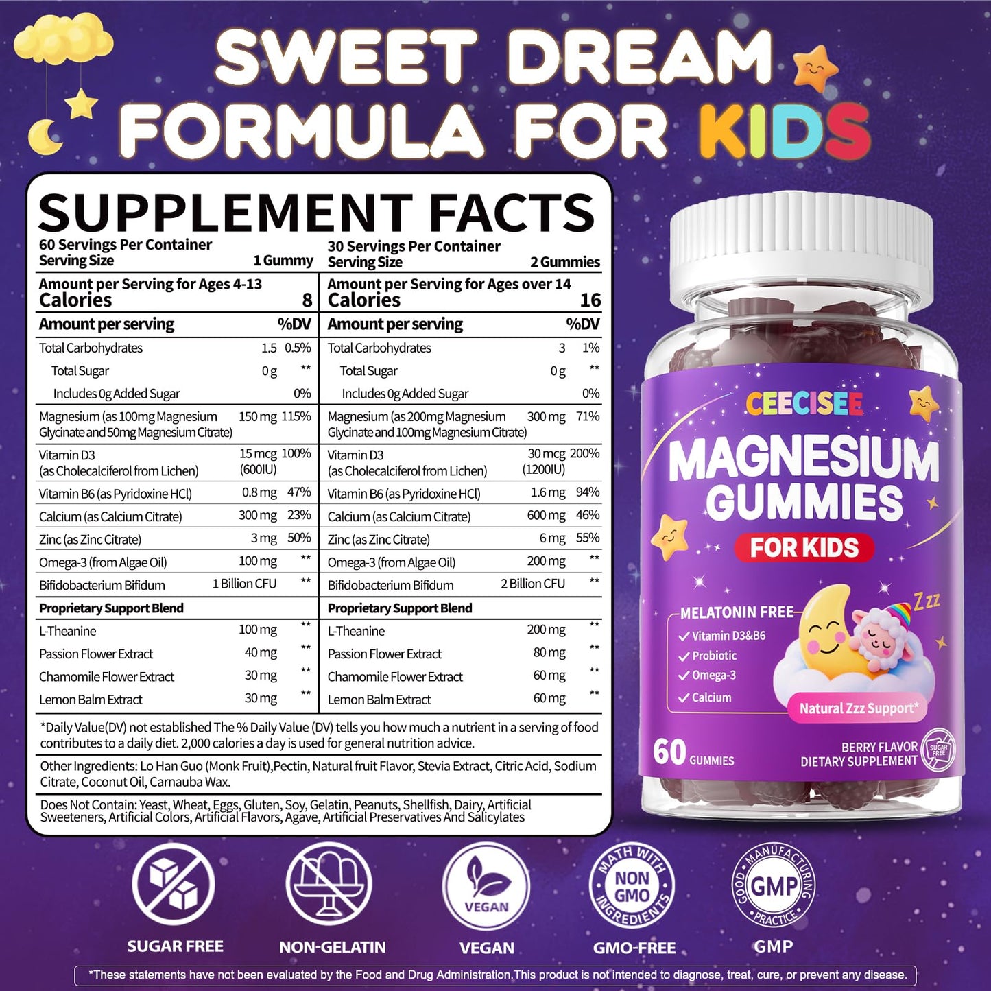 CEECISEE Magnesium Gummies for Kids 4+ | Organic Chewable Magnesium with B6, D3, Zinc + L-Theanine | Zzz Aid